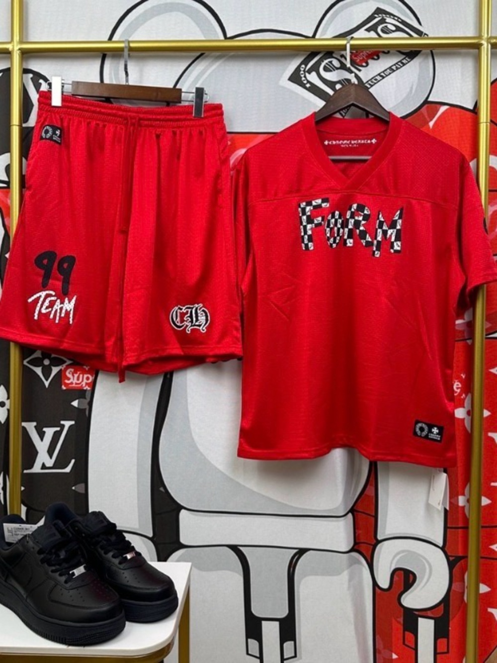 Chrome Hearts Red Athletic Mesh Shorts with Graphic tee  full set